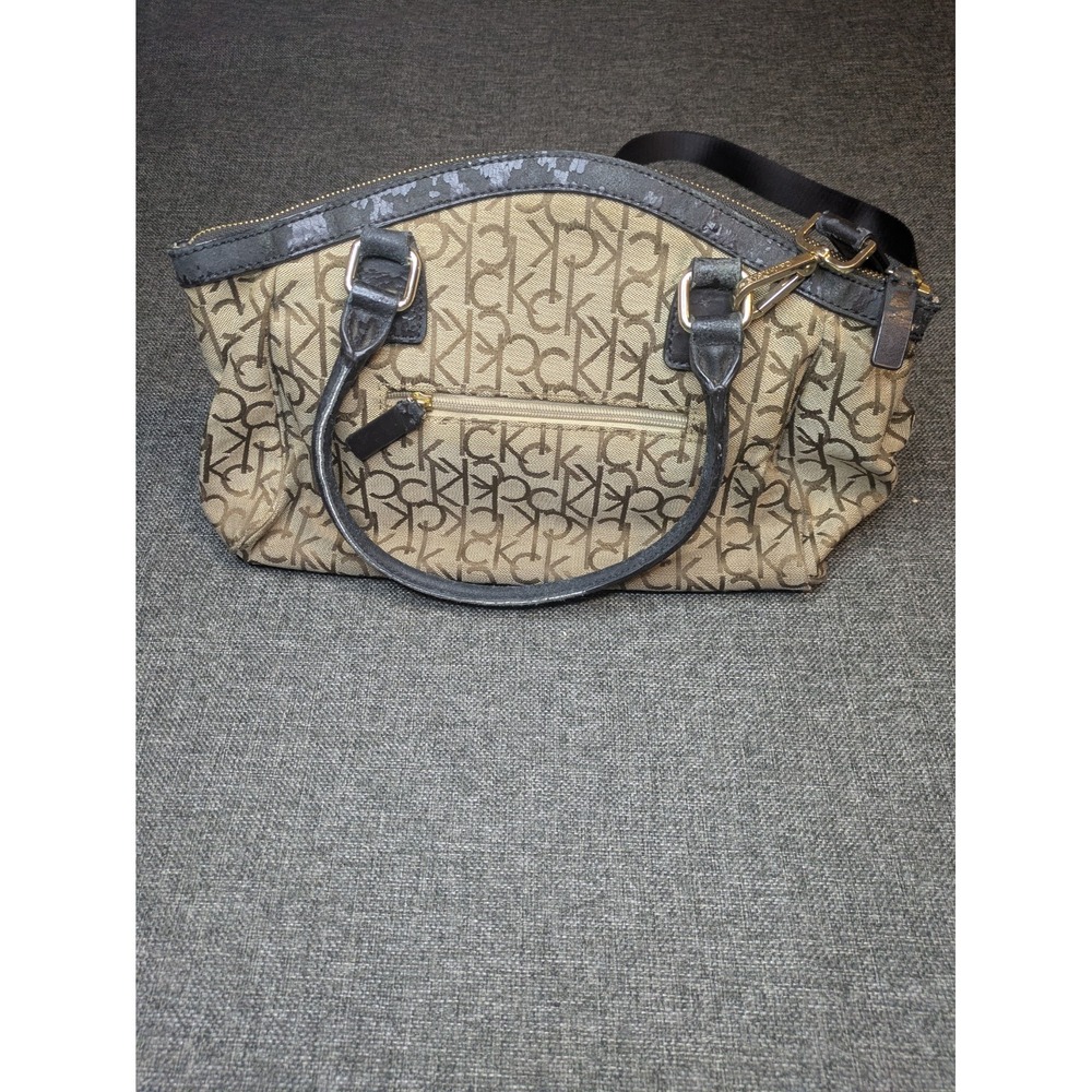 Calvin Klein Leather Tote Handbag Signature Canvas Satchel Purse Brass Hardware